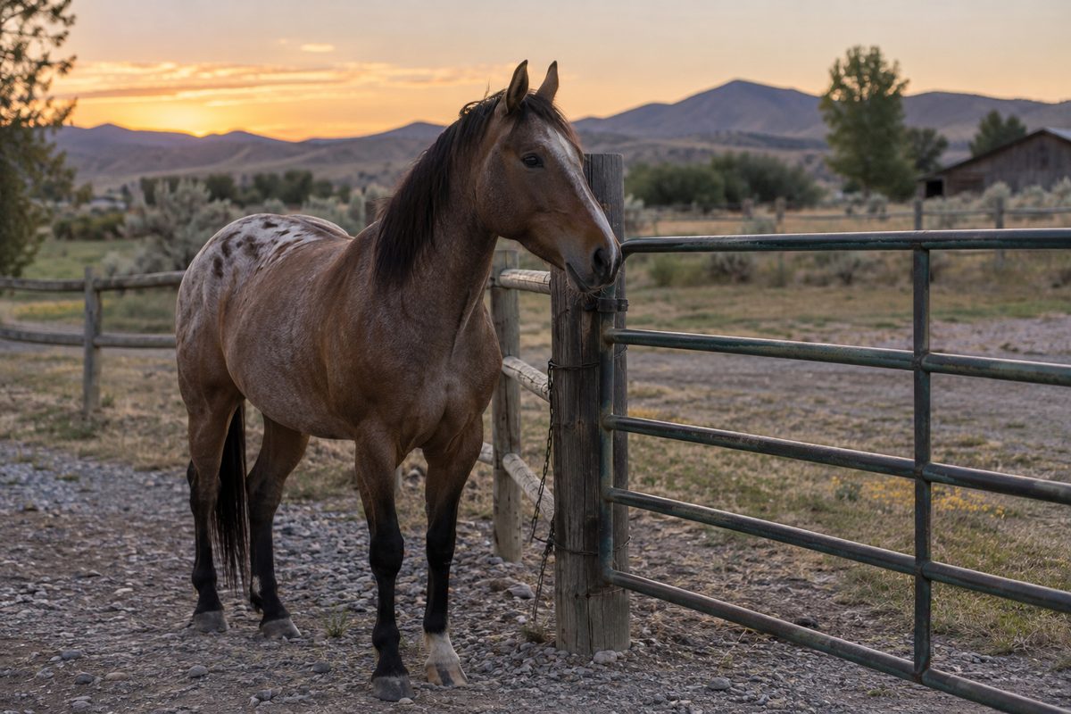 A horse waits beside the ranch gate in soft evening light