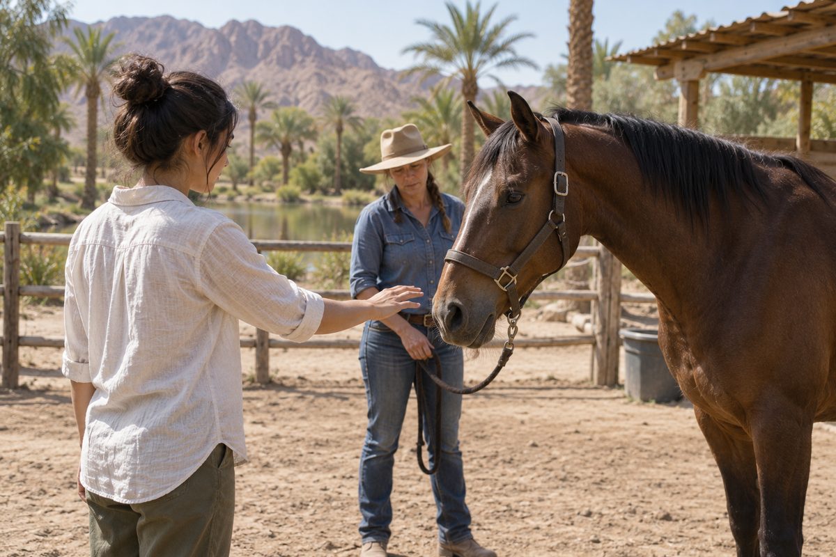 A visitor approaches a calm horse in a fenced yard