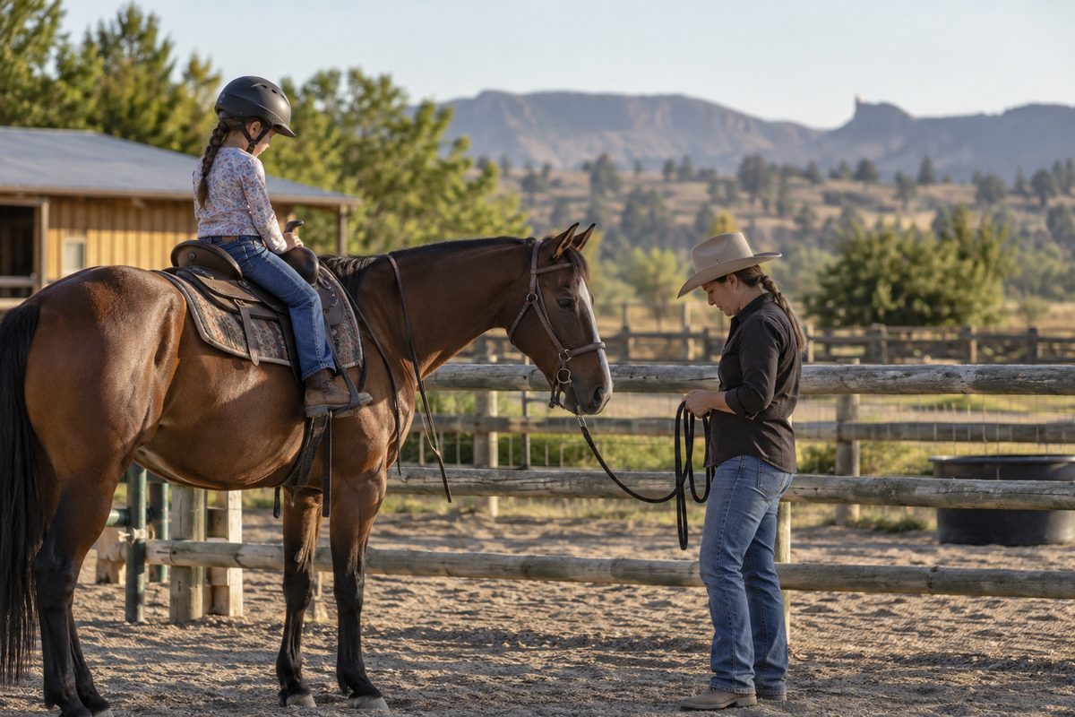 An instructor checks a lead line beside a calm horse at the ranch rail