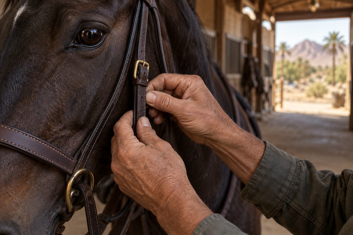 Hands checking clean leather horse tack