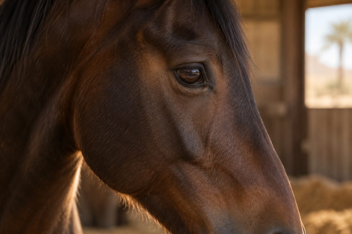 Close view of the eye and cheek of a dark bay horse standing in shade